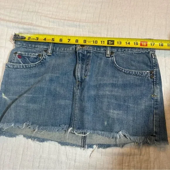 Vintage 90s Abercrombie & Fitch Denim Mini Skirt Dark Wash Raw Hem Sz 10 Y2K - Picture 6 of 9
